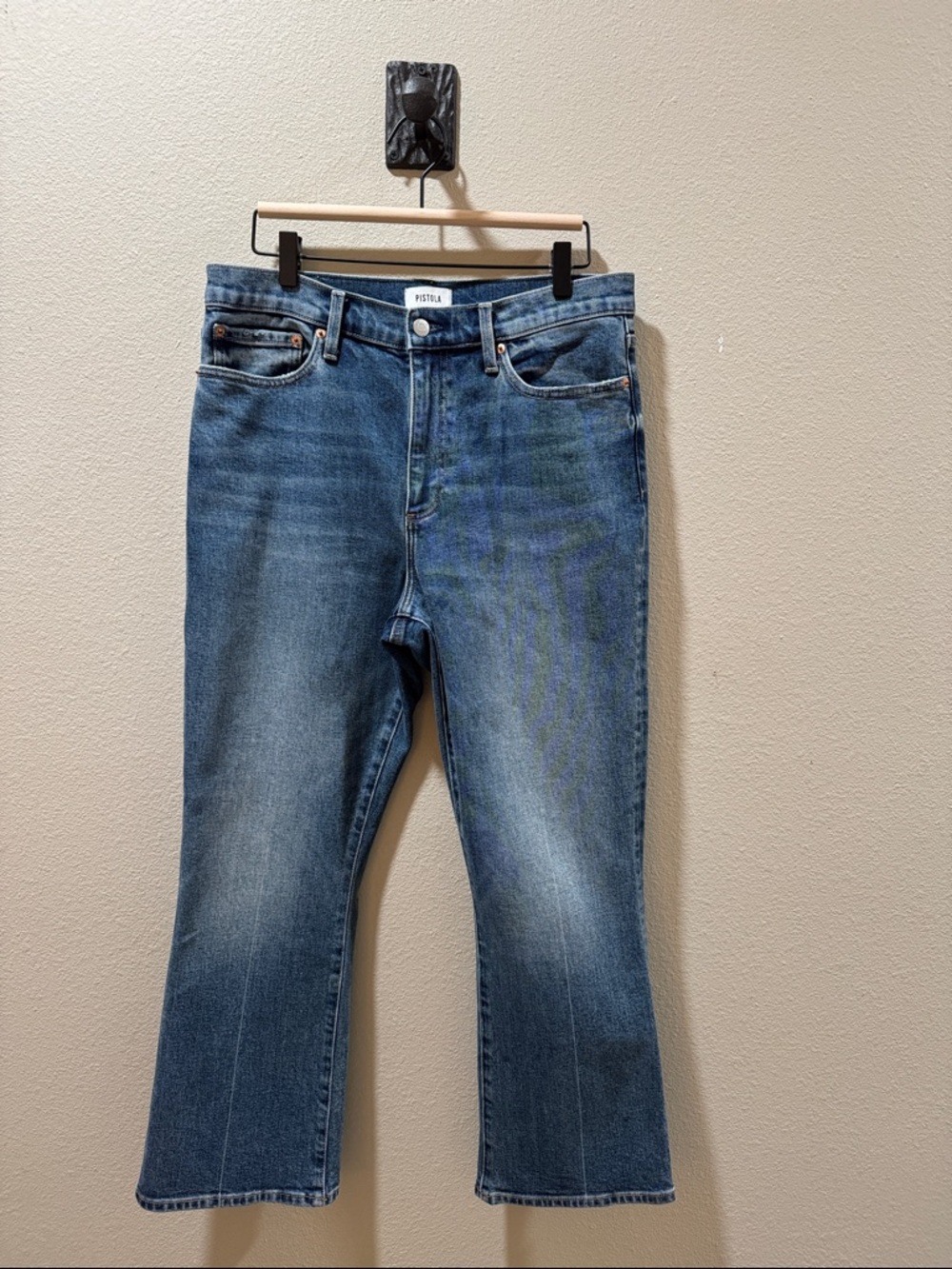 Pistola Lennon High Rise Flare Leg Cropped Jeans in Medium Blue Wash